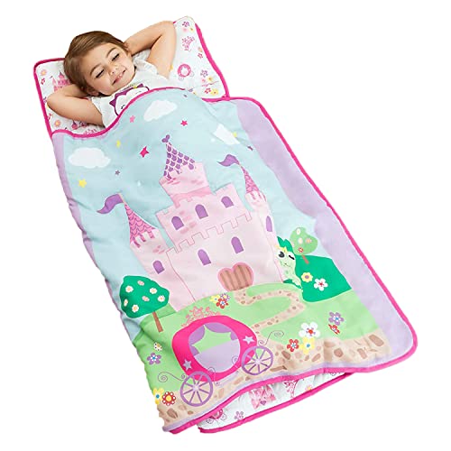 EVERYDAY KIDS Toddler Nap Mat with Removable Pillow -Princess Storyland- Carry Handle with Fastening Straps Closure, Rollup Design, Soft Microfiber for Preschool, Daycare, Sleeping Bag -Ages 2-6 years