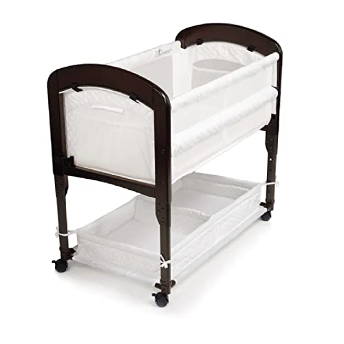 Arm’s Reach Cambria Co-Sleeper Bedside Bassinet Featuring Height-Adjustable Legs, Curved Wooden Ends, Breathable Mesh Sides with Pockets, and Large Lower Storage Basket, Espresso and White
