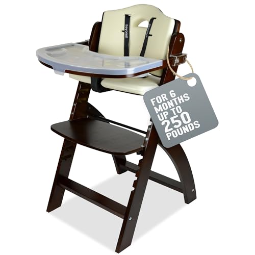 Abiie Beyond Junior Wooden High Chair with Tray. The Perfect Adjustable Baby Highchair Solution for Your Babies and Toddlers or as a Dining Chair. 6 Months up to 250 Lb. Mahogany Wood/Cream Cushion