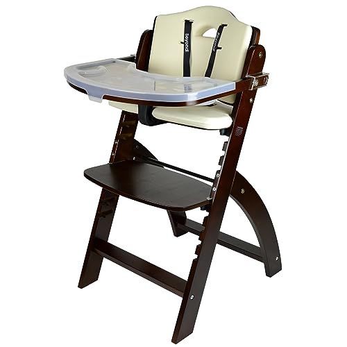 Abiie Beyond Junior Wooden High Chair with Tray. The Perfect Adjustable Baby Highchair Solution for Your Babies and Toddlers or as a Dining Chair. 6 Months up to 250 Lb. Mahogany Wood/Cream Cushion