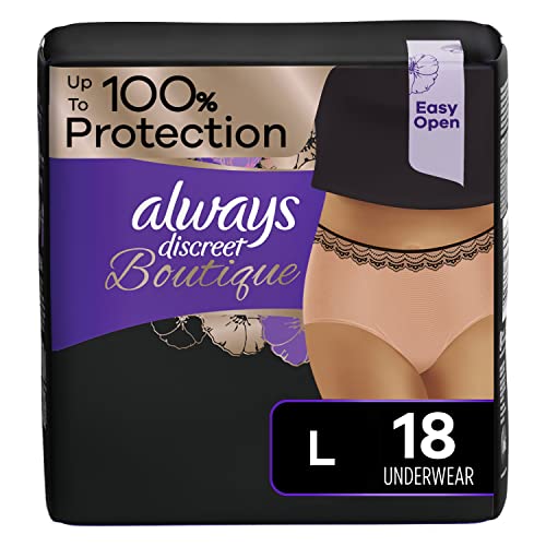 Always Discreet Boutique Adult Incontinence & Postpartum Underwear for Women, Maximum Protection, Peach, Large, 18 Count