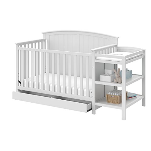 Stork Craft Steveston 5-in-1 Convertible Crib and Changer with Drawer (White) – GREENGUARD Gold Certified and Changing-Table Combo with Drawer, Converts to Toddler Bed, Daybed and Full-Size Bed