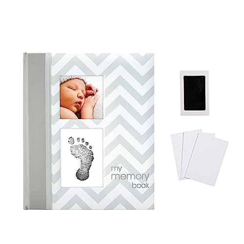 Pearhead First 5 Years Chevron Baby Memory Book, Clean-Touch Baby Safe Ink Pad for Baby’s Handprint or Baby’s Footprint, Gender Neutral Baby Milestone And Pregnancy Book, Gray