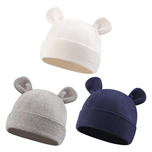 Duoyeree Baby Hat Newborn Hat Adorable Cotton Bear Ear Beanie Cap for Infant Girl Boy 0-6 Months, Grey White and Navy