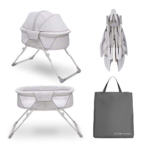 Delta Children EZ Fold Ultra Compact Travel Bedside Bassinet - Folding Portable Crib with Removable Canopy, Inner Circle