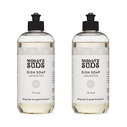 Molly's Suds Natural Liquid Dish Soap | Long-Lasting, Powerful Plant-Powered Ingedients | Unscented, Fragrance Free | 16 oz - 2 Pack