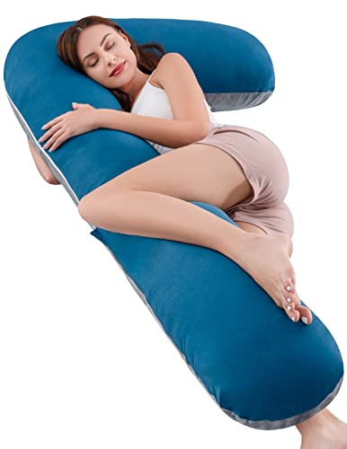 AngQi Body Pregnancy Pillow,L-Shaped Pregnancy Pillow for Side Sleepers,Maternity Body Pillow with Velvet & Jersey Cover,Grey&Navy
