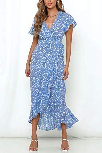 ZESICA Women's Summer Bohemian Floral Printed Wrap V Neck Beach Party Flowy Ruffle Midi Dress Blue