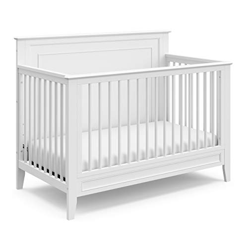 Storkcraft Solstice 5-In-1 Convertible Crib (White) – GREENGUARD Gold Certified, Converts to Toddler Bed and Full-Size Bed, Fits Standard Full-Size Crib Mattress, Adjustable Mattress Support Base