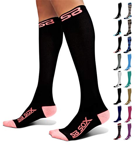 SB SOX Compression Socks (20-30mmHg) for Men & Women – Best Compression Socks for All Day Wear, Better Blood Flow, Swelling! (Large, Black/Pink)