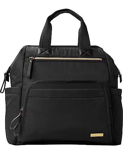 Skip Hop Diaper Bag Backpack: Mainframe Large Capacity Wide Open Structure with Changing Pad & Stroller Attachement, Black with Gold Trim