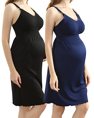 iloveSIA 2pack Women's Seamless Maternity Breastfeeding Nursing Dress with Build-in Bra Black/Blue Size M
