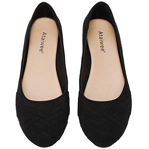 Ataiwee Women's Ballet Flats - Round Toe Suede Classic Cozy Cute Slip-on Flat Shoes.(2007004,BK/MF,8.5 M)