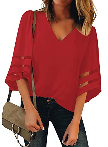 Utyful Women's Red Casual V Neck Mesh Panel 3/4 Bell Sleeve Solid Loose Blouse Top Large