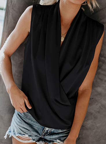 Diukia Women's V-Neck Casual Wrap Drape Tank Tops Summer Fashion Chiffon Sleeveless Loose Shirt Blouses Large Black