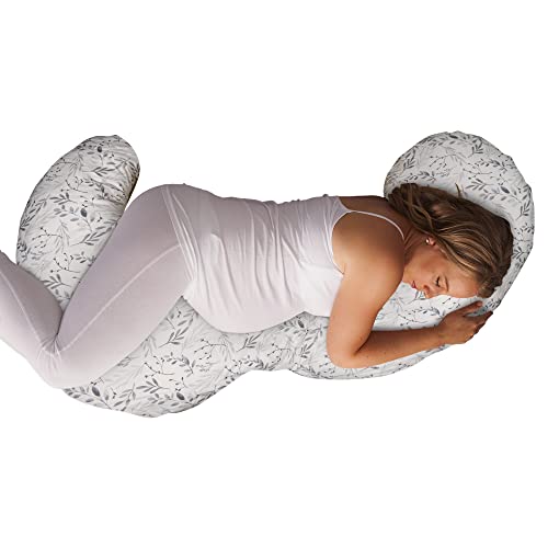 Boppy Total Body Pregnancy Pillow with Easy-on Removable Pillow Cover in Gray Scattered Leaves for Full-body Support for Pregnancy and Postpartum Positioning