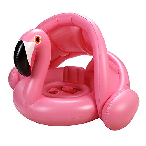 Baby Pool Float with Canopy,Flamingo Inflatable Swimming Ring,Infant Pool Floaties Sunshade Toys for Baby Girls Boys Toddlers Pink