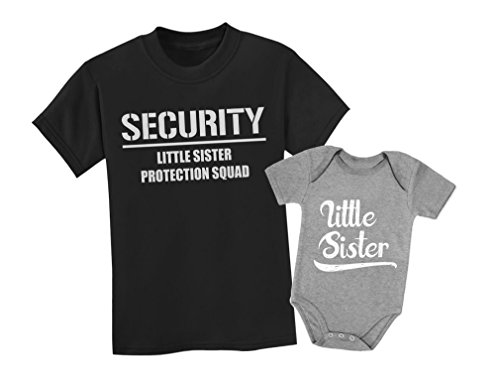 Big Brother & Little Sister Siblings Set Security for My Little Sister Shirts Toddler Kids T-Shirt Black 4T / Baby Bodysuit Gray Newborn (0-3M)