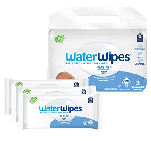 WaterWipes Plastic-Free Original Baby Wipes, 99.9% Water Based Wipes, Unscented & Hypoallergenic for Sensitive Skin, 180 Count (3 packs), Packaging May Vary