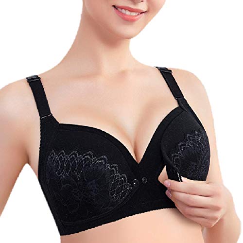 WonderMoms Wireless Lace Nursing Bra – Lightly Padded Supportive Breastfeeding (Black, Large Plus)