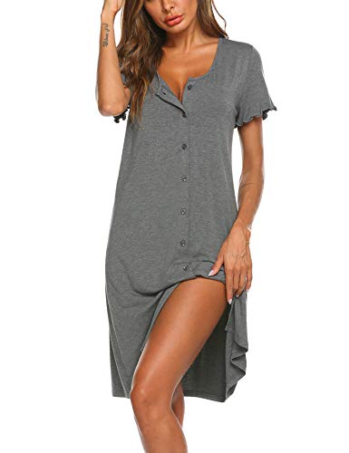 Ekouaer Women's Nightshirt Short Sleeve Button Down Nightgown V-Neck Sleepwear Pajama Dress, Grey, Small