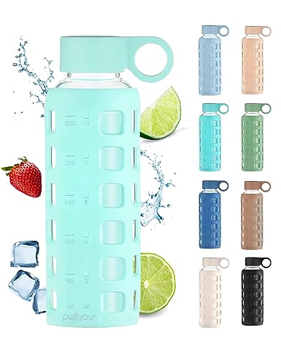 purifyou Premium 40/32 / 22/12 oz Reusable Glass Water Bottles with Time and Volume Markings, Non-Slip Silicone Sleeve & Stainless Steel Lid Insert, for Water, Milk, Juice (12oz Glow in the Dark)
