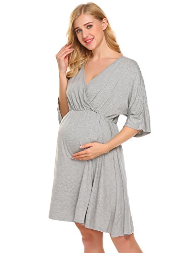 Ekouaer Women's Maternity Knee Length Sleep Dress Hospital Nightgown Nursing Sleepwear,Flower Grey,XX-Large