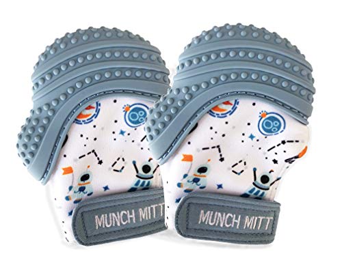 Malarkey Kids Munch Mitt 2-Pack | Baby Teething Mitten Protects Hands from Chewing & Saliva, Heals Aching Gums, Promotes Sound & Visual Stimulation for Babies (Steel Blue)