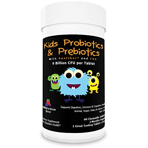 6 Billion CFU Kids/Children's Probiotics with Prebiotics, Sunfiber and Fos, for 10x More Effectiveness. One A Day Great Taste Chewable Probiotic, 2 Months Supply Per Bottle