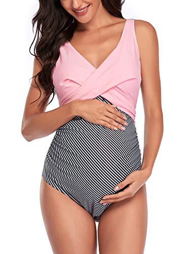 SUMMERSUNSHINE Maternity One Piece Swimwear Front Cross Pregnancy Swimsuit Bathing Suit Maternity Bikini Pink XXL