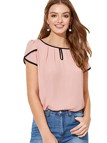 Milumia Women's Casual Pleated Petal Cap Sleeve Round Neck Keyhole Blouse Top Pink Medium