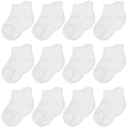 CozyWay Non-Slip Ankle Style Socks with Grippers, 12 Pack for Baby Boys and Girls, Solid White, 1-3 Years