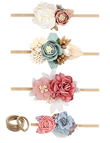 OAOLEER Baby Girl Flower Headbands Set, 4PCS Nylon Floral Hairbands Elastic Hair Band for Newborn Infant Toddler Hair Accessories