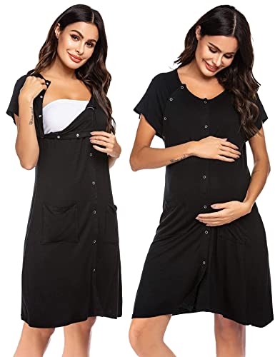 Ekouaer 3 in 1 Nursing Dress Maternity Nightgown Labor/Delivery Breastfeeding Birthing Gown with Button A-black