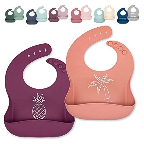 AVA + OLIVER Silicone Bib Set - Adjustable Waterproof Bibs - Set of 2 (Peach/Purple)