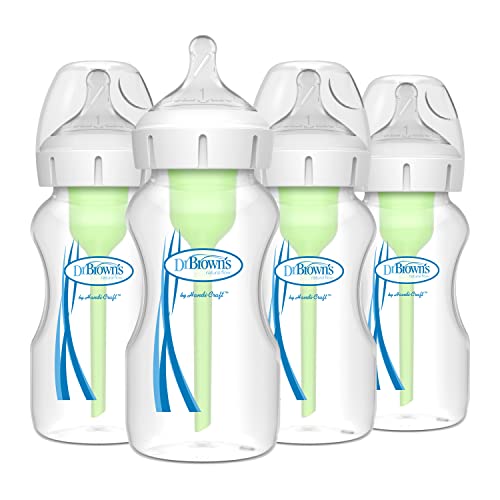 Dr. Brown's Natural Flow Anti-Colic Options+ Wide-Neck Baby Bottles 9 oz/270 mL,with Level 1 Slow Flow Nipple,4 Count,0m+