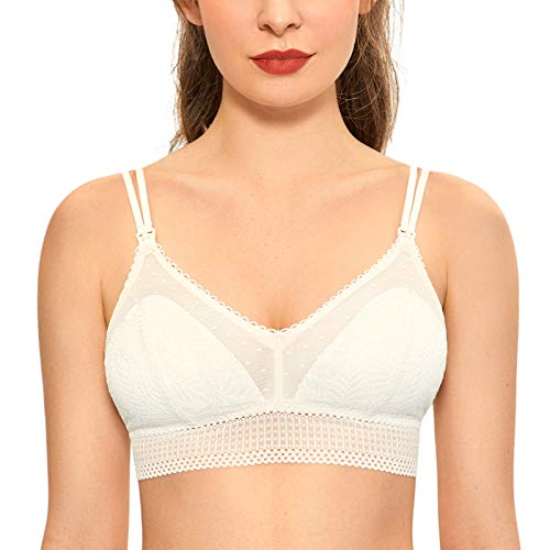 MOMANDA Women's Lace Nursing Bra Cute Bralette Breastfeeding Maternity Bras Padded Wireless Ivory Small