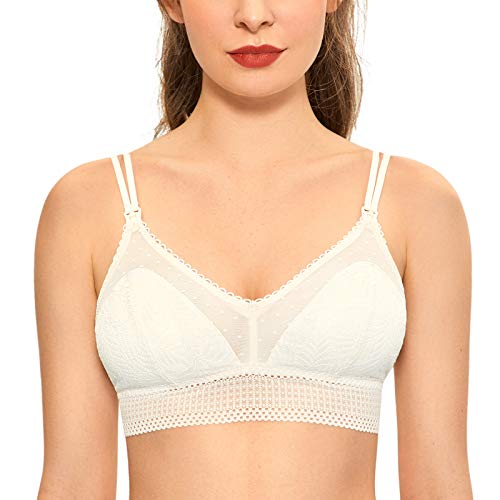 MOMANDA Women's Lace Nursing Bra Cute Bralette Breastfeeding Maternity Bras Padded Wireless Ivory Small