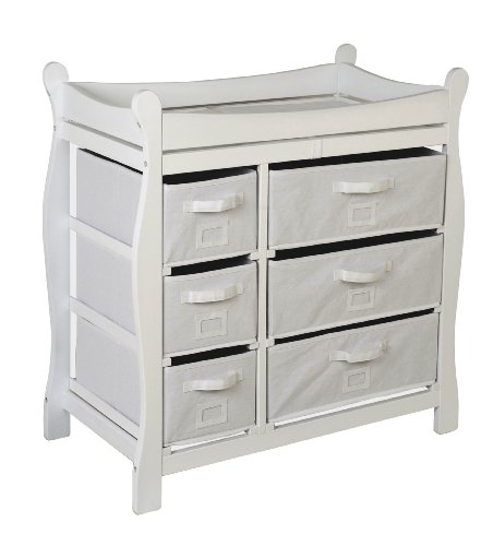 Badger Basket Sleigh Style Baby Changing Table with 6 Storage Drawers and Pad - White