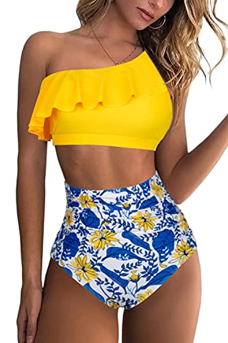 Mulisky Ladies Two Piece Bathing Suit High Waist Off Shoulder Ruched Flounce Padded Swimsuit Yellow XL
