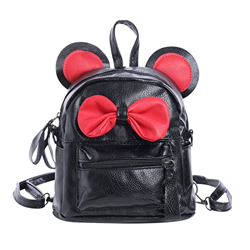 IBTOM CASTLE Women Kids Girls Cartoon PU Leather Mouse Ear Bow Backpack Shoulder School Mini Bag Rucksack Black&Red