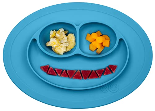 ezpz Mini Mat (Blue) - 100% Silicone Suction Plate with Built-in Placemat for Infants + Toddlers - First Foods + Self-Feeding - Comes with a Reusable Travel Bag - 6 Months+