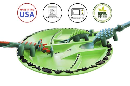 Constructive Eating Dinosaur Combo with Utensil Set and Plate for Toddlers, Infants, Babies and Kids - Flatware Set is Made in the USA Using Materials Tested for Safety, Green