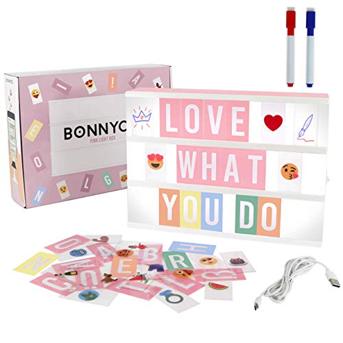 Pink Cinema Light Box with 400 Letters & Emojis & 2 Markers - BONNYCO | Led Light Box Home Office & Room Decor | Light Up Sign Letters Board Gifts for Women & Girls Christmas & Birthdays | Pink Decor