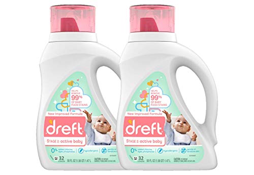 Image of Dreft Stage 2: Active Hypoallergenic Liquid Baby Laundry Detergent for Baby, Newborn, or Infant, 50 Ounces(32 Loads), 2 Count (Packaging May Vary)