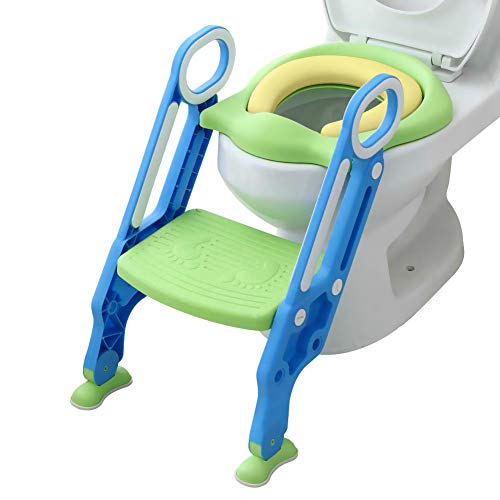 Potty Training Toilet Seat with Step Stool Ladder for Boys and Girls Baby Toddler Kid Children Toilet Training Seat Chair with Handles Sturdy Wide Step (Blue Green Upgrade Pu Cushion)