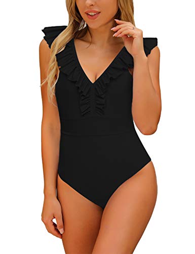 Blooming Jelly Women's Striped Ruffle One Piece Swimsuit V Neck High Rise Bathing Suit Swimswear (Large, Black)