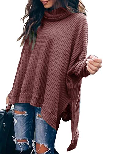 ANRABESS Womens Sweater Oversized Turtleneck Long Batwing Sleeve Waffle Knit Shirt Split Hem Cozy Baggy Slouchy Casual Loose Fit 2023 Fall Tunic Pullover Tops A83Xiuhong-M Rust