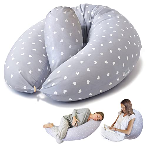 Bamibi® Pregnancy Pillow - Full Body Support Maternity Pillow for Sleeping – Providing Support for Adults and Pregnant Women Back, Hips, Legs & Belly - Removable 100% Cotton Cover (Gray Hearts)