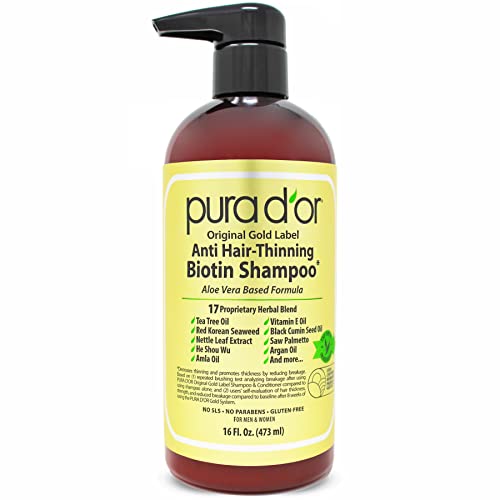 PURA D'OR Original Gold Label Anti-Thinning Biotin Shampoo Natural Earthy Scent,Clinically Tested Proven Results,Herbal DHT Blocker Hair Thickening Products For Women & Men,Color Treated Hair,16oz